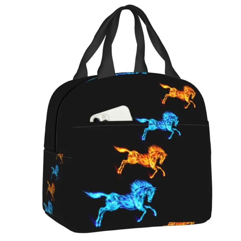 

Изготовленная на заказ сумка для обеда для бега с огненной лошадью, Женский термоохладитель, изолированные ланч-боксы для детей, школьников