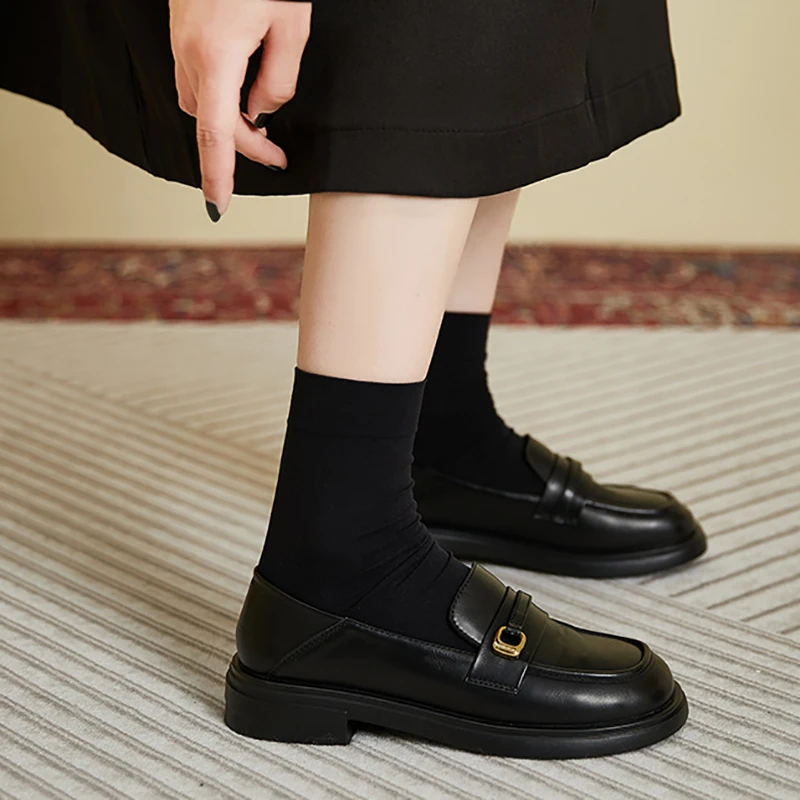 2023 Spring British Style Loafers Women Round Toe Chunky Heel Single Shoes Female Slip On Low Heel Casual Leather Shoes Woman