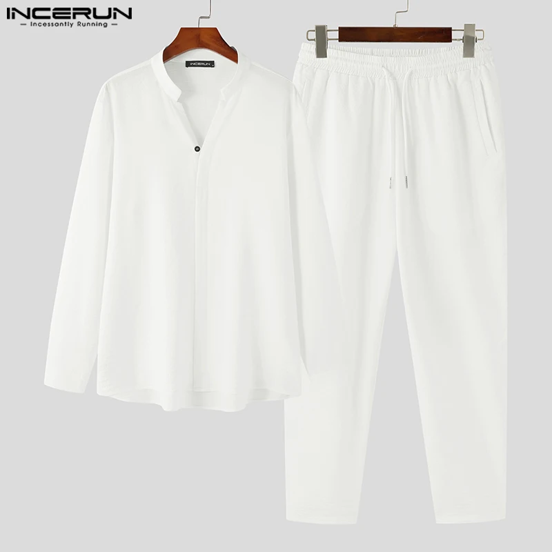 

INCERUN New Men Solid Long Sleeve Shirts Pants Sets Leisure Streetwear Male V-Neck Comfortable Long Sleeve Two Piece Sets S-5XL