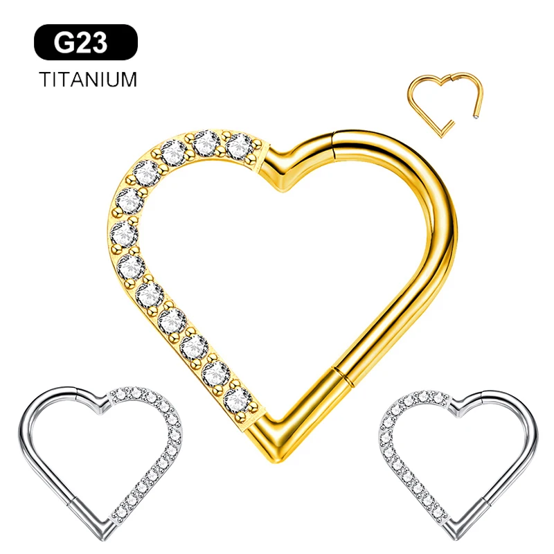 

G23 Titanium Septum Piercing Earring Zircon Heart Shape Segment Ear Cartilage Ring Clicker Tragus Helix Body Jewelry 16G 2022