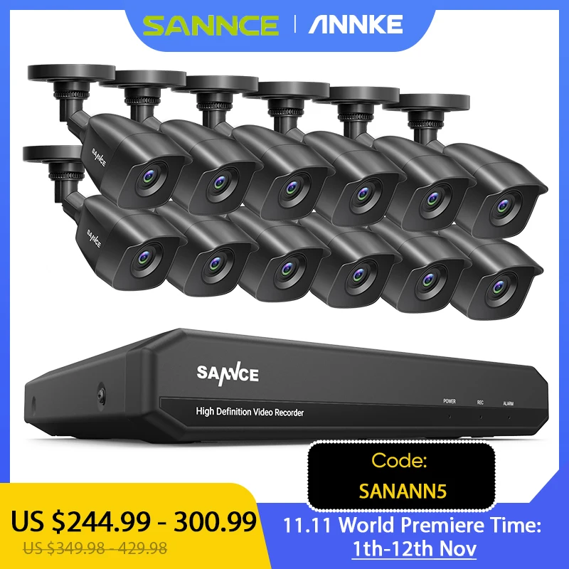 Продажа Система видеонаблюдения SANNCE, 16 каналов, 1080P Lite, 1080N, 5 в 1, DVR с 12 уличными защищенными от непогоды камерами 1080P