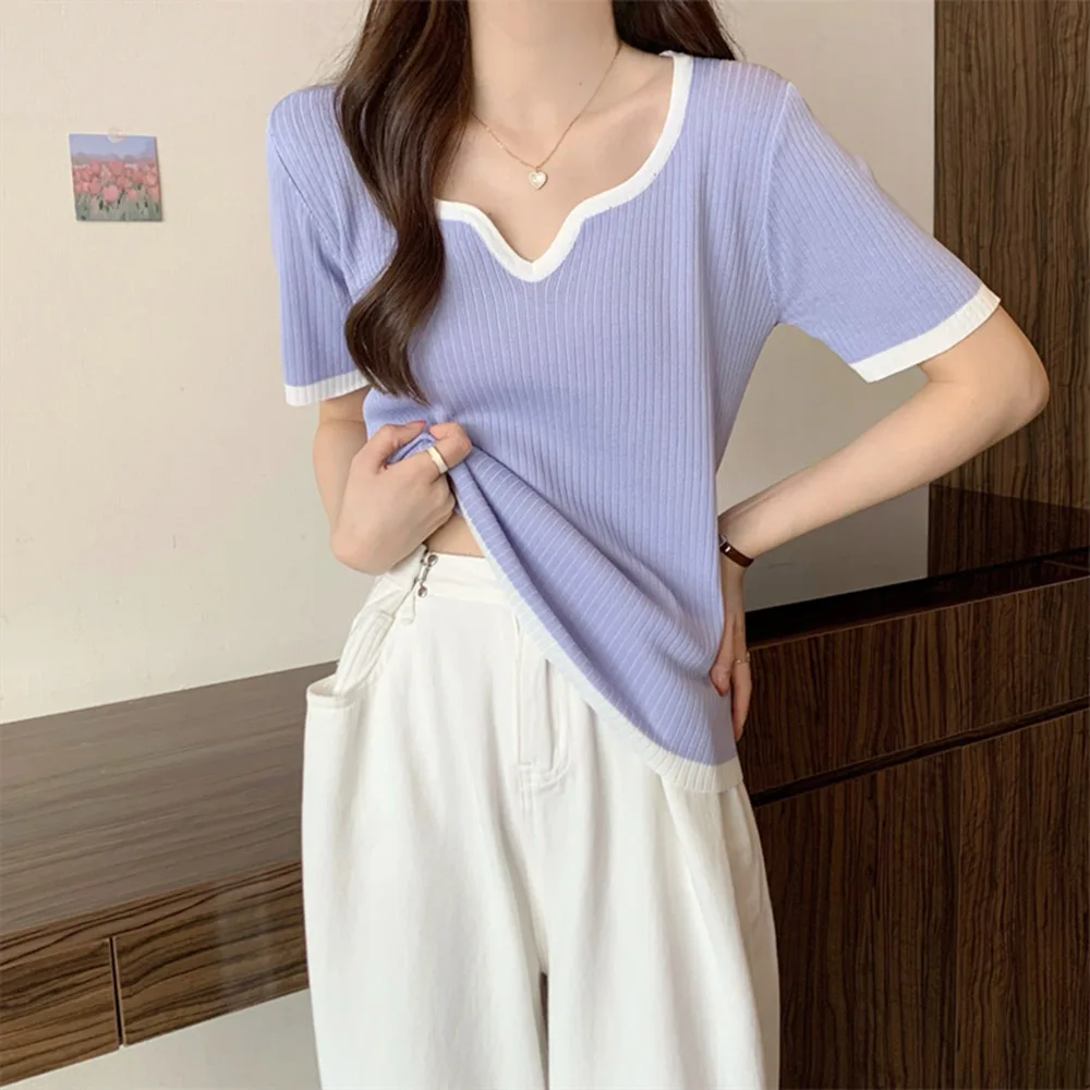 

Summer V-neck Women Thin T-Shirts 2022 Harajuku Style Casual Loose Solid Color Short Sleeve Shirts Oversized Female Tees M-4XL
