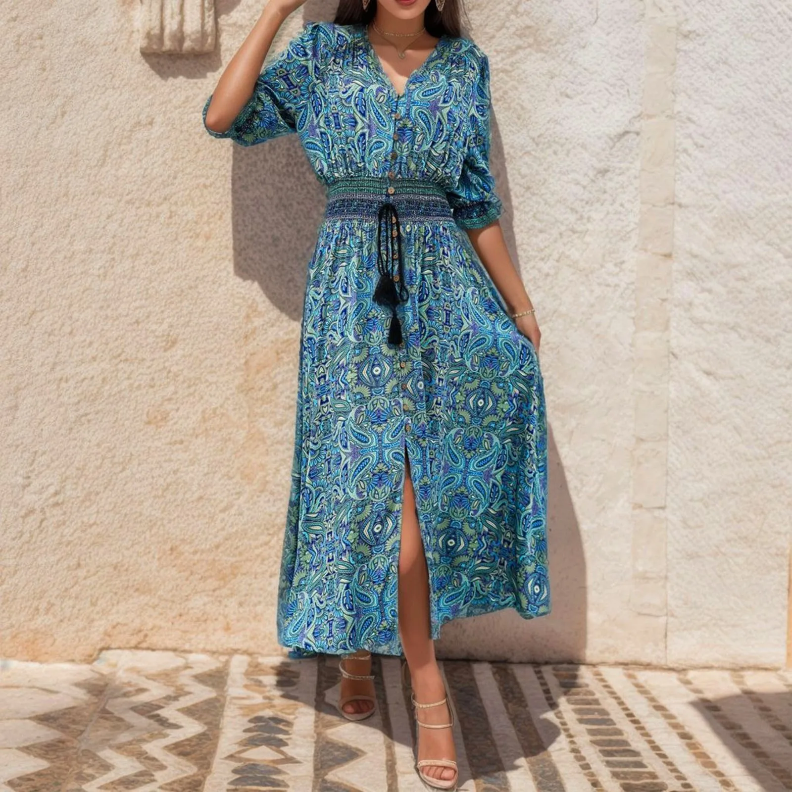 

Women's Casual Fashion V Neck Print Seven Minute Sleeve Waist Bohemian Holiday Button Down Dress Dress Pockets Cotton