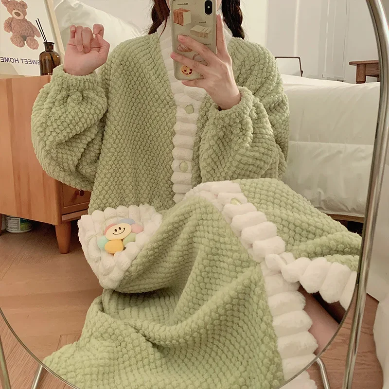 Жаккардовая одежда для сна на флисовой подкладке женщин утолщенная ночная