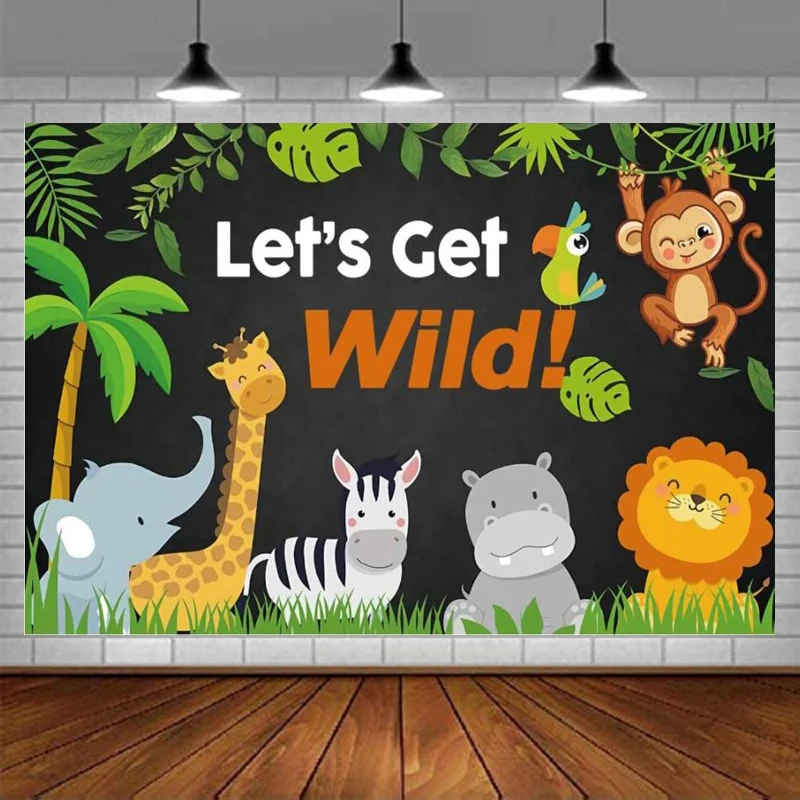 

Фон для фотосъемки с изображением дикой природы баннер джунгли сафари животные тропические зеленые листья дети мальчик дикий один день рож...