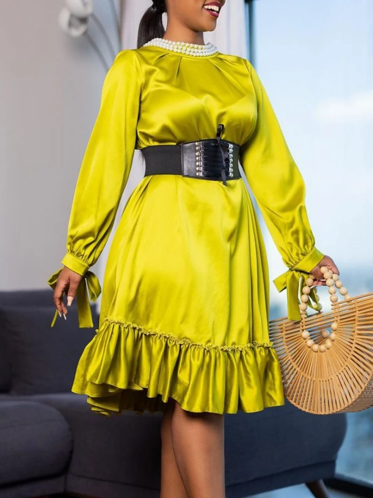 Pearl Neck Plus Size Dresses For Women Elegant Luxury Evening Party Dress Vestidos African Ruffles Long Sleeve Robe With Corset