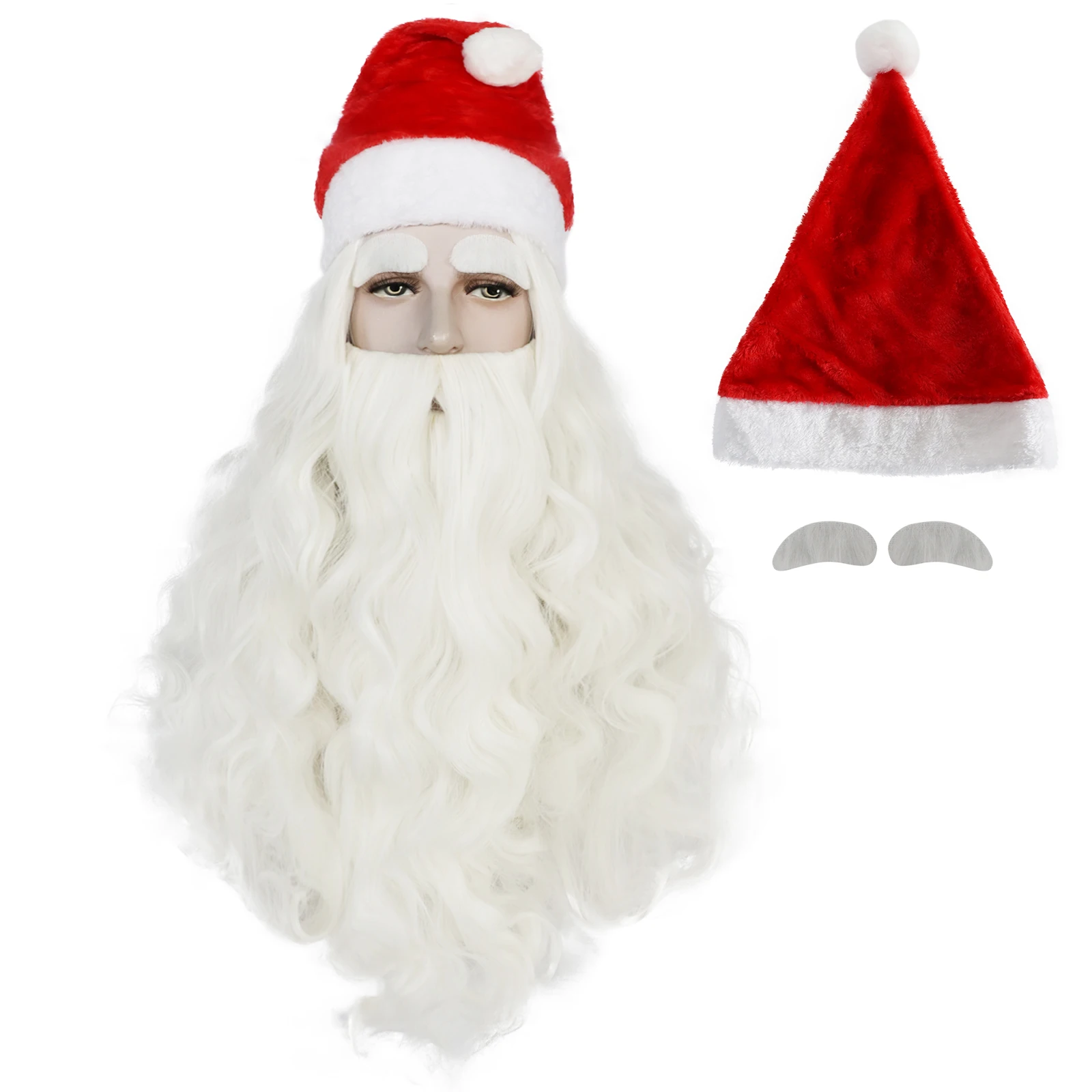 Anogol Synthetic Santa Claus Cosplay Wig with Eyebrow and Christmas Hat White Long Curly Hair Old Man Father Christmas Wigs