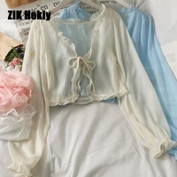 zik hekiy women short bow tie fungus edge small shawl women loose long sleeved all match sunscreen shirt women top