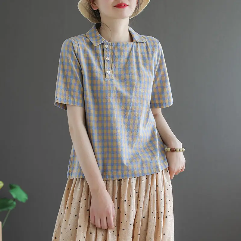 

New 2022 Summer Women Literary Retro Cotton Linen Plaid Short Sleeve T Shirt Casual Lapel Loose Tops Women Clothes M21
