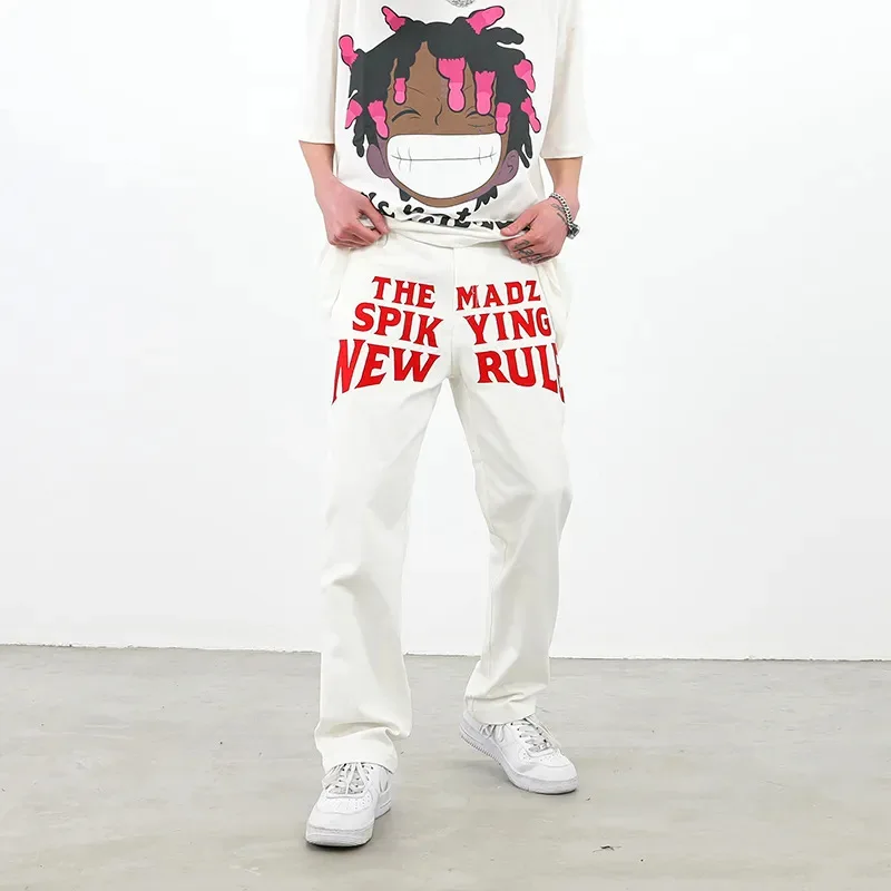 

Джинсы мужские и женские с буквенным принтом, модные прямые джинсовые брюки в стиле хип-хоп, повседневные штаны на заказ, белые