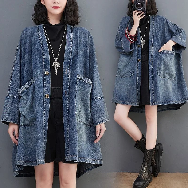 

Vintage V-neck Big Pocket Denim Jacket Women's Spring Autumn Casual Loose Medium To Long Female Jean Jackets Windbreaker
