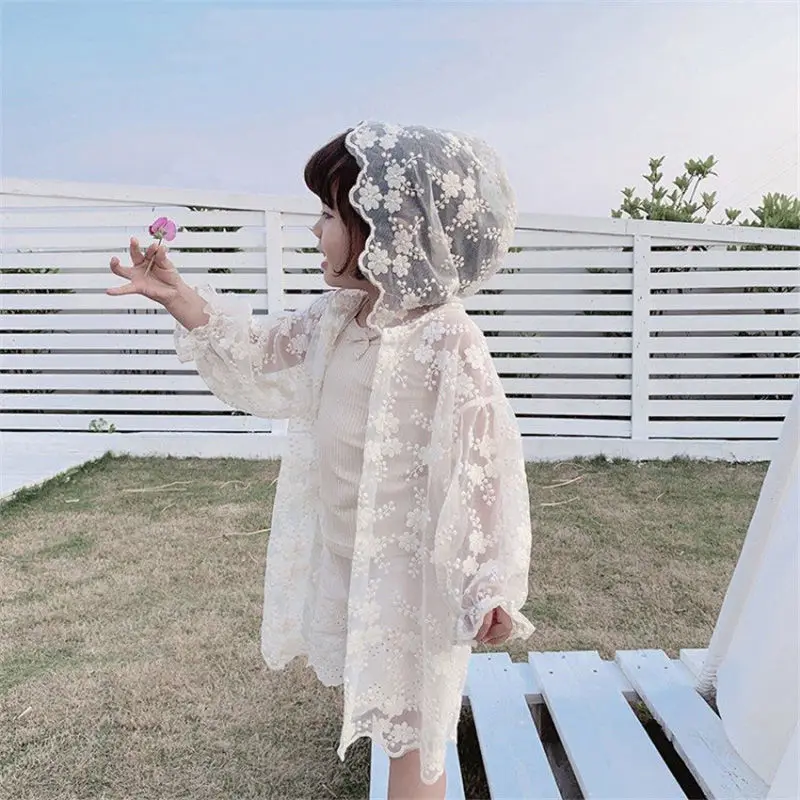 

Summer New Girls Lace Sun UV Protection Mosquito Coat Long Toddler Girls Cardigan Lace Kids Hooded Outerwear Girls Princess Coat