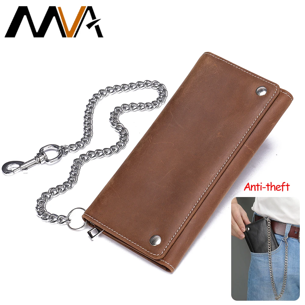 

MVA Wallet For Men's Tri-fold Vintage Long Style Cowhide Top Grain Leather With Steel Chain Card Holder Wallet Snap Closure 1006