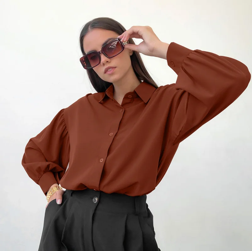 

Autumn Fashion Lantern Sleeve Blouse Women Vintage Loose Button Women Blouses Top Solid Button Office Female Shirts Blusas 24310