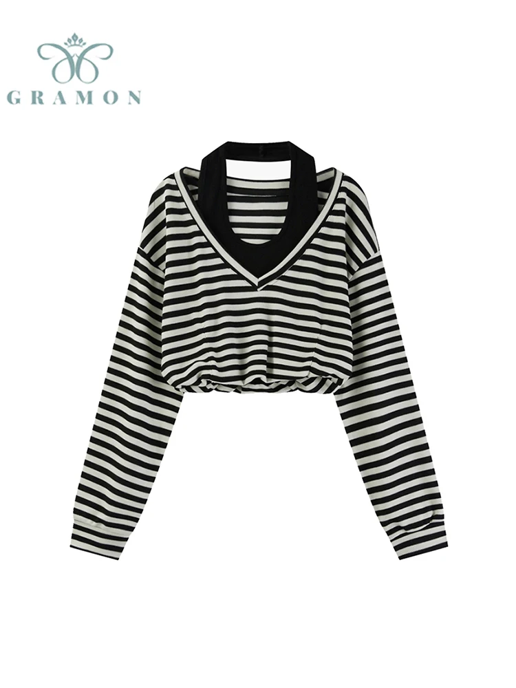 

Korean Fashion Stripe Halter Sweatshirts Women 2022 Autumn New Long Sleeve Crop Top Female Streetwear Fake 2 Piece Short Hoodies