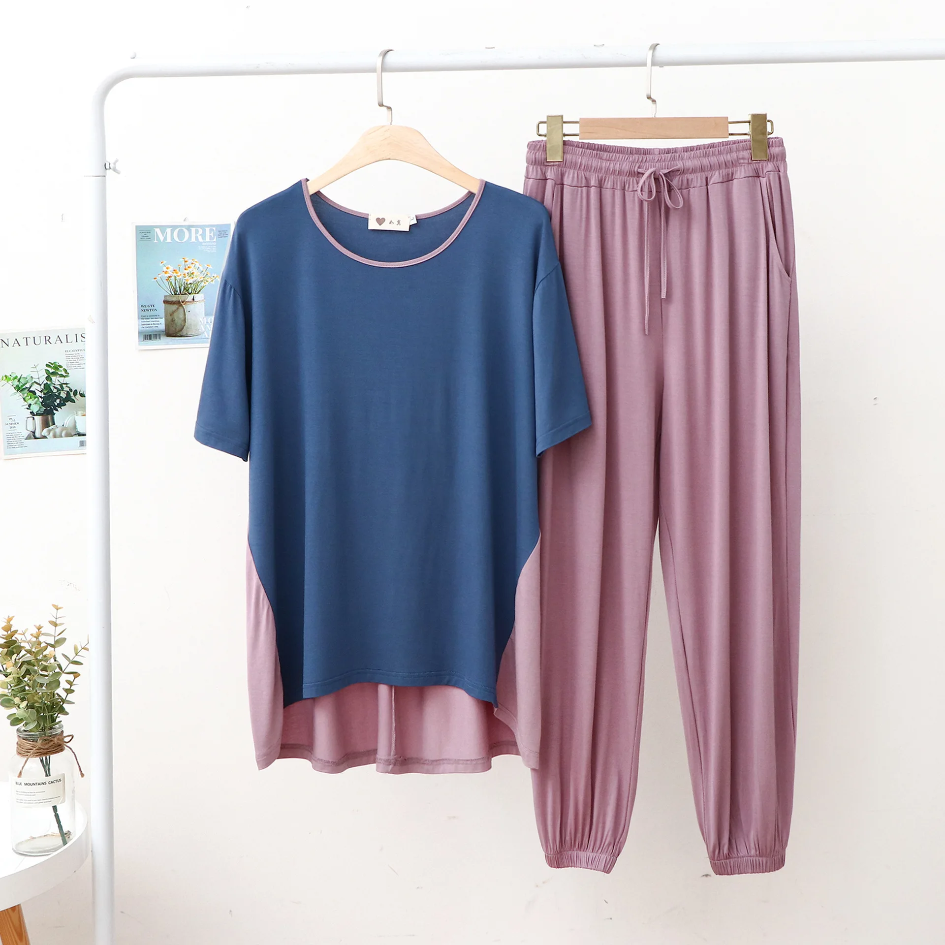 Women Pajamas Modal Tracksuit Spring Cross Splicing Contrasting Colors Short Sleeve Trousers Leisure Comfortable Fashion Suit