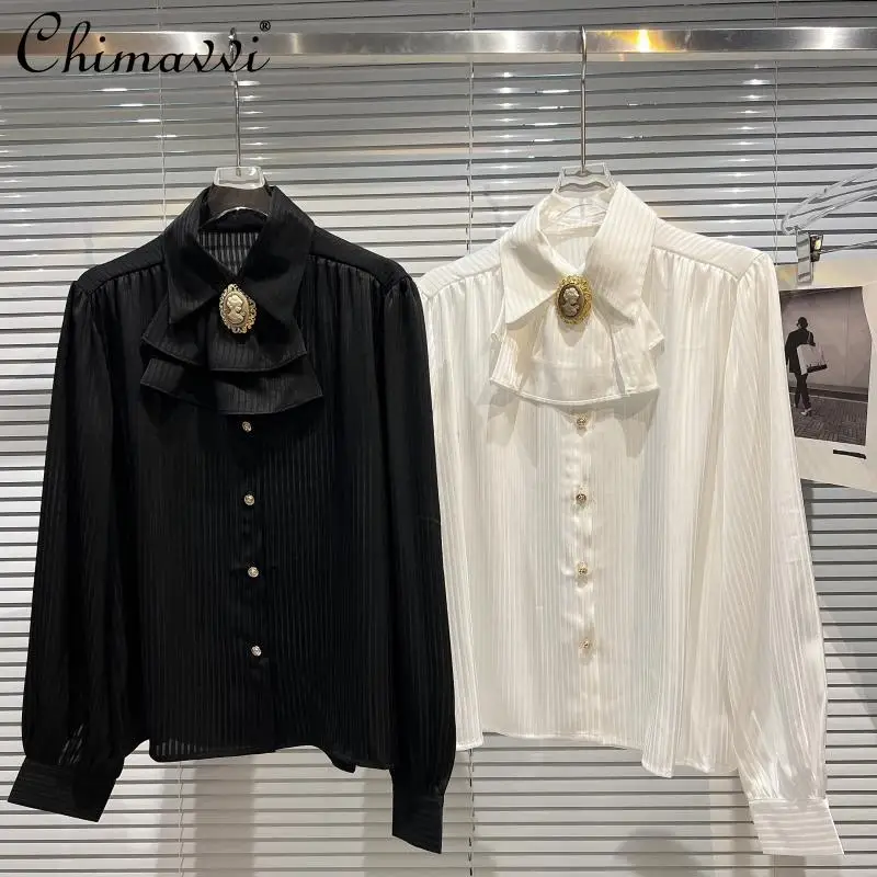 

2022 Spring Clothes New Fashion Gemstone Bow Tie Vertical Striped Mercerized Shirt Loose Long Sleeve Elegant All-match Blouse