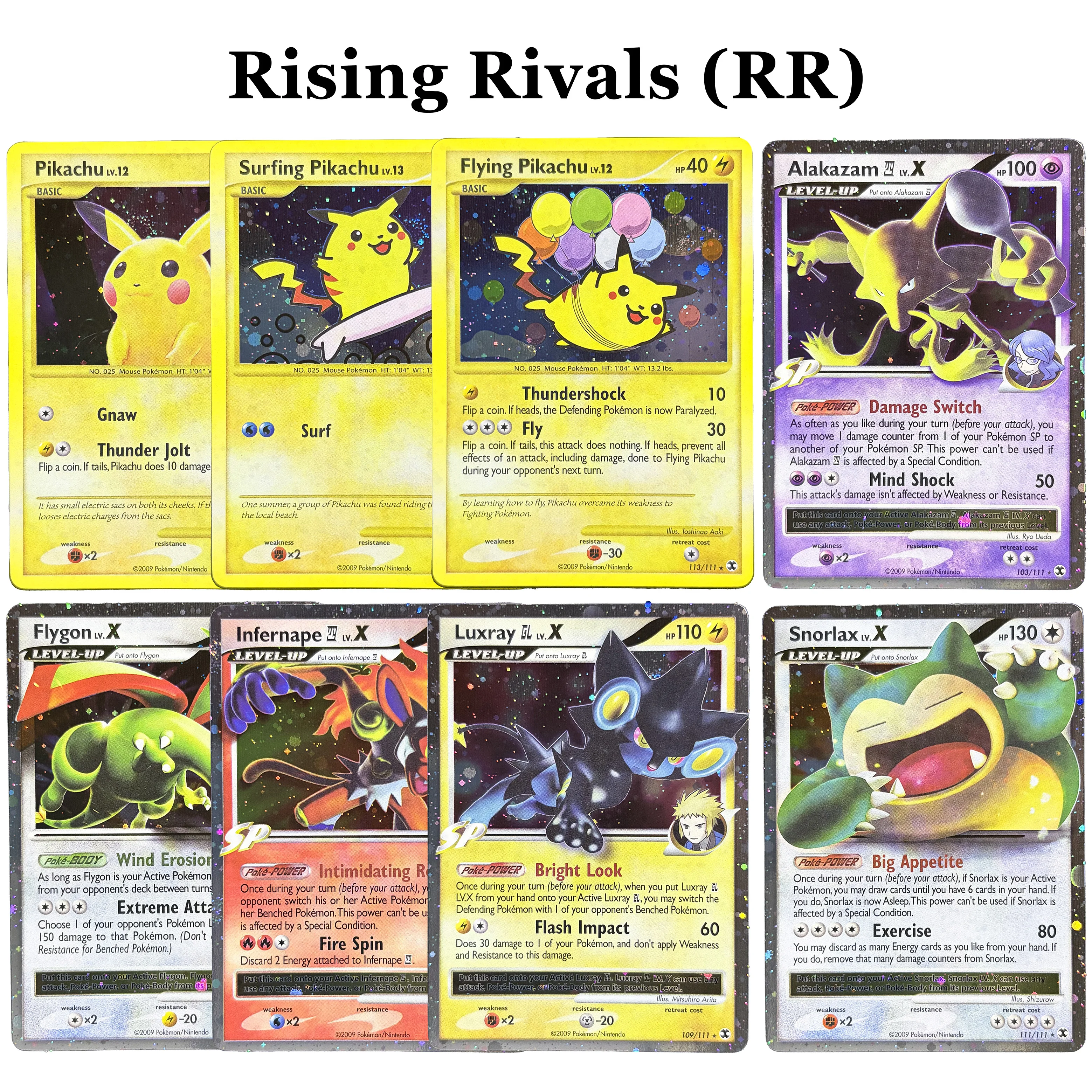 Фото Набор редких голографических карт PKM Rising Rivals (RR) 2009 года: Пикачу, Снорлакс, Лукрей, Алаказам (серии Surfing/Flying) — коллекционные игровые карты PTCG Diamond & Pearl №1
