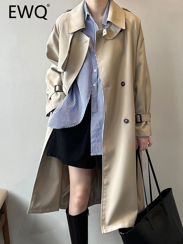 

EWQ Minimalism Long Trench For Women Solid Lapel Double Breasted Loose Female Jackets Fashion Overcoat 2023 Autumn New 26D4378