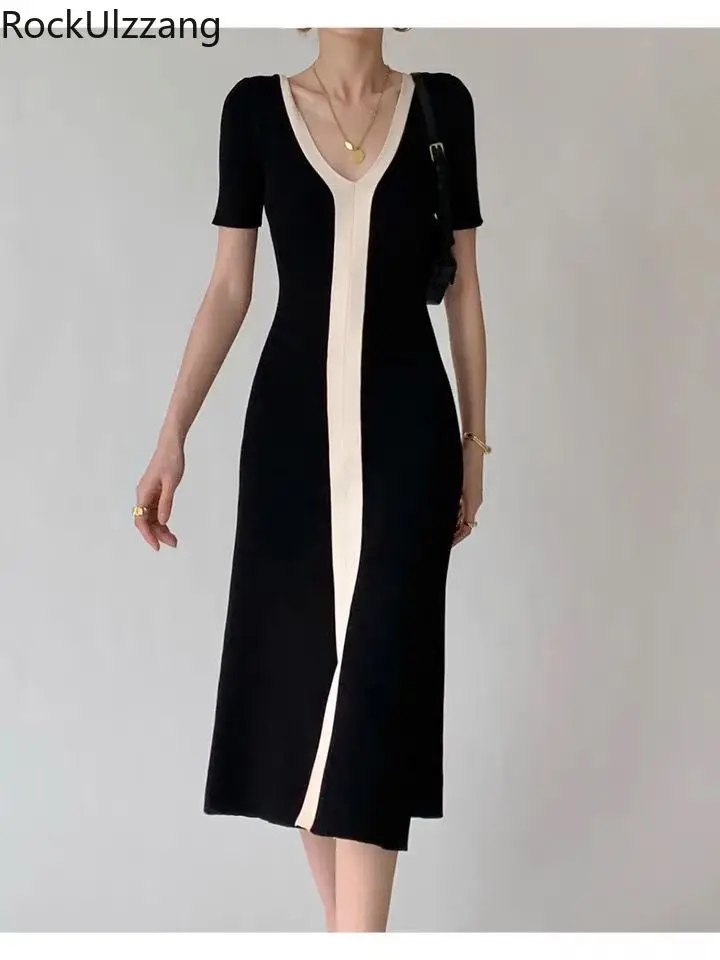 

V-Neck Knit Black Split Dresses Korean Style Women Ladies Fall Midi Long Dress Elegant Casual Colorblock Knitted Sweaterdress