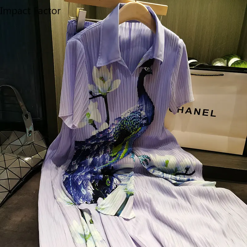 

Casual Fashion Set Vintage Crane Printed Beaded Pleated Shirt Loose Wide Leg Pants Two Piece Sets for 2023 Summer New