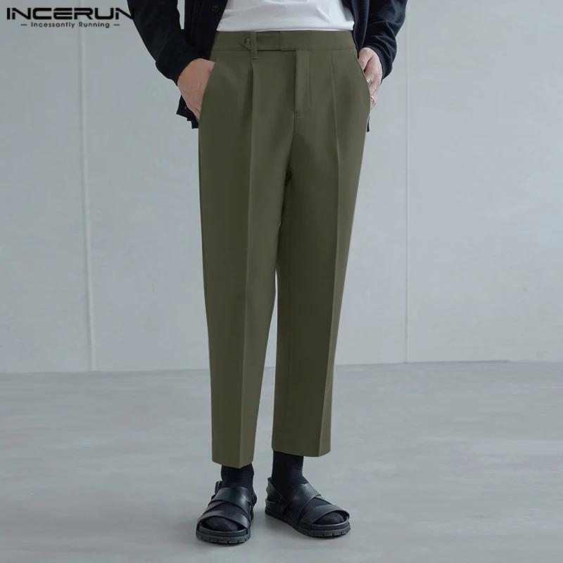 

Fashion Casual Style Pants INCERUN New Men Semi-elastic Single Pleated Nine-point Trousers Stylish Male Loose Straight Pantalons