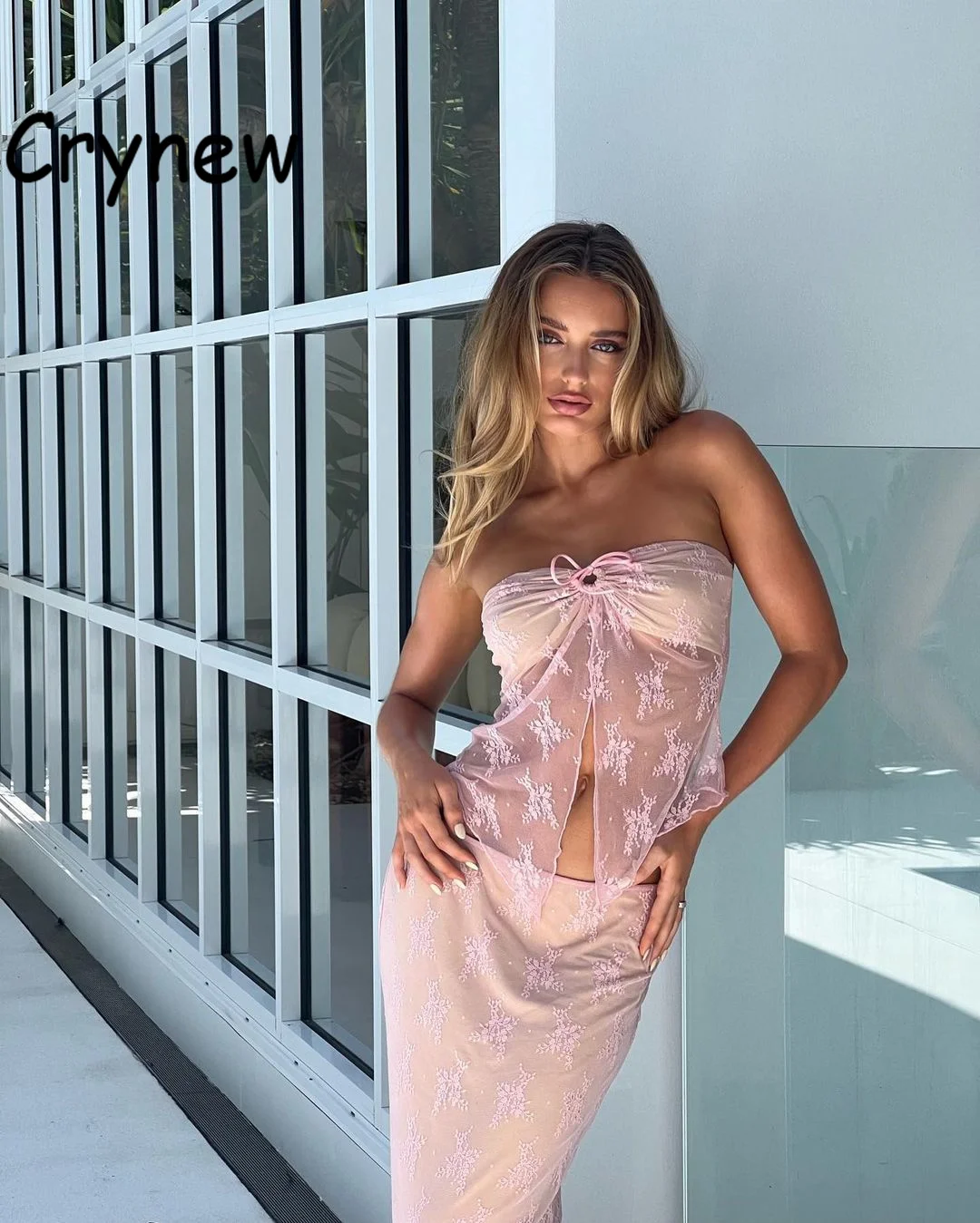 

Crynew 2023 Summer Lace See Through Hollow Out Dress Sets Women Strapless Backless Crop Top Maxi Skirt Matching Sets Outfits