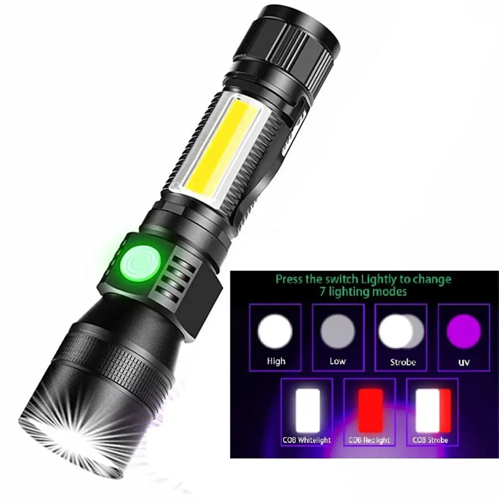 

1800 Lumens 7 Levels Portable Cob Flashlight Usb Rechargeable Ipx45 Waterproof Telescopic Zoom Aluminum Alloy Torch