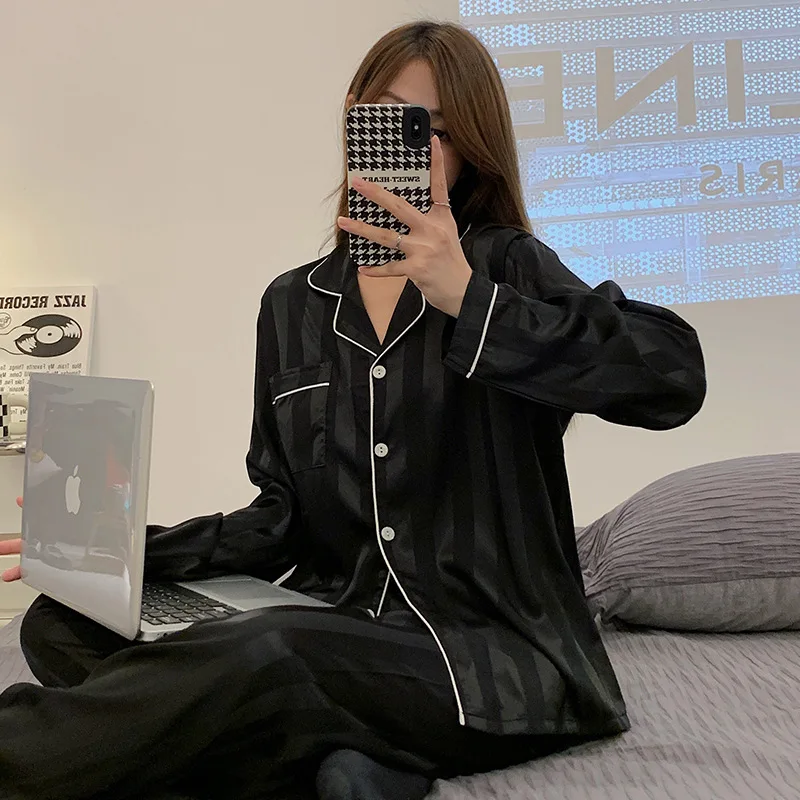 Pijama Sets Sleepwear Pajamas Female Winter Black Stripe Simple Casual Loose Room Wear Sleep Top Pants Two-Pieces Set Loungewear