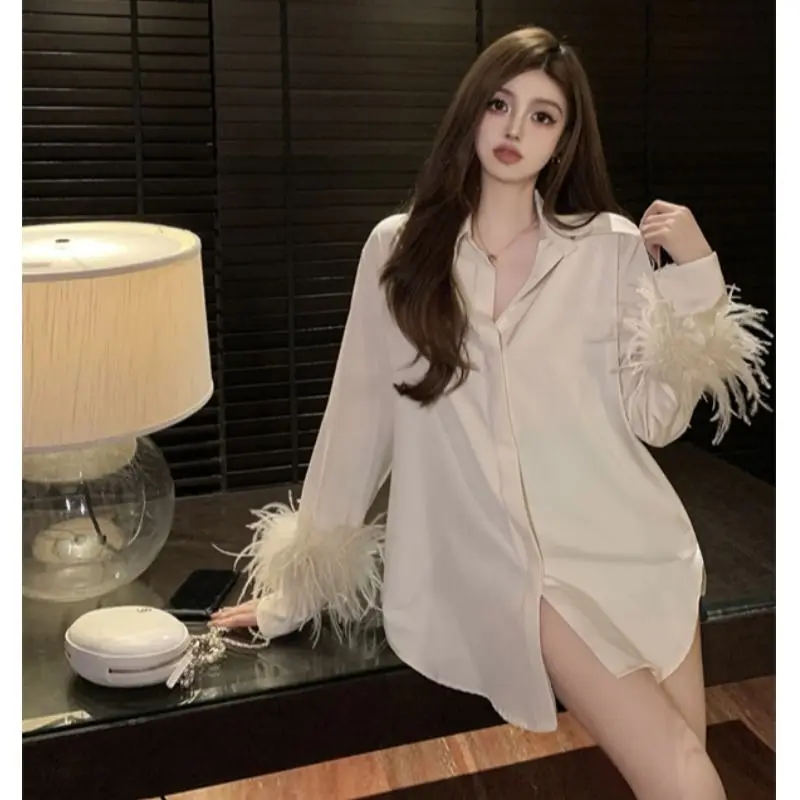 

Robe Femme Pijamas Women Robe Chic Silk Feather Long Sleeve Elegant Satin Pajamas Spring Autumn Loose Casual Sexy Nightwear