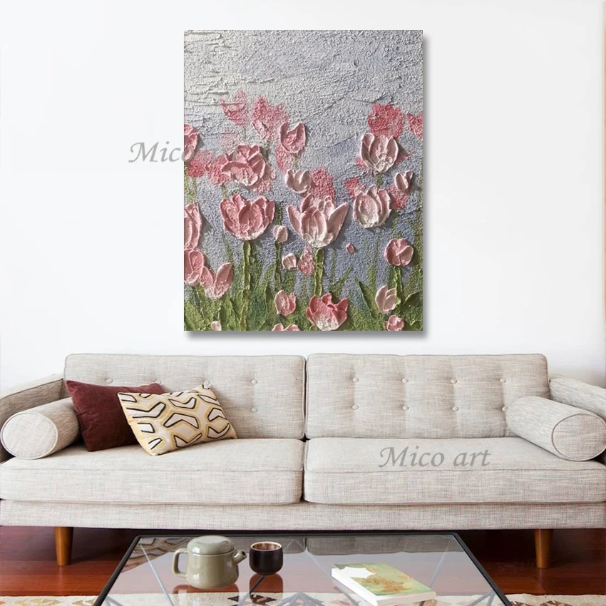 

Modern Canvas Artwork Art Wall Picture Pink Abstract Knife Flowers Paintings Hand-painted Home Decoration Showpieces Unframed