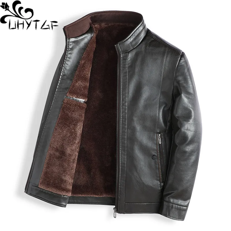 UHYTGF Quality PU Leather Jacket Men's Middle-Aged Elderly Dad Casual Warm Autumn Winter Leather Coat Male Business Overcoat 194