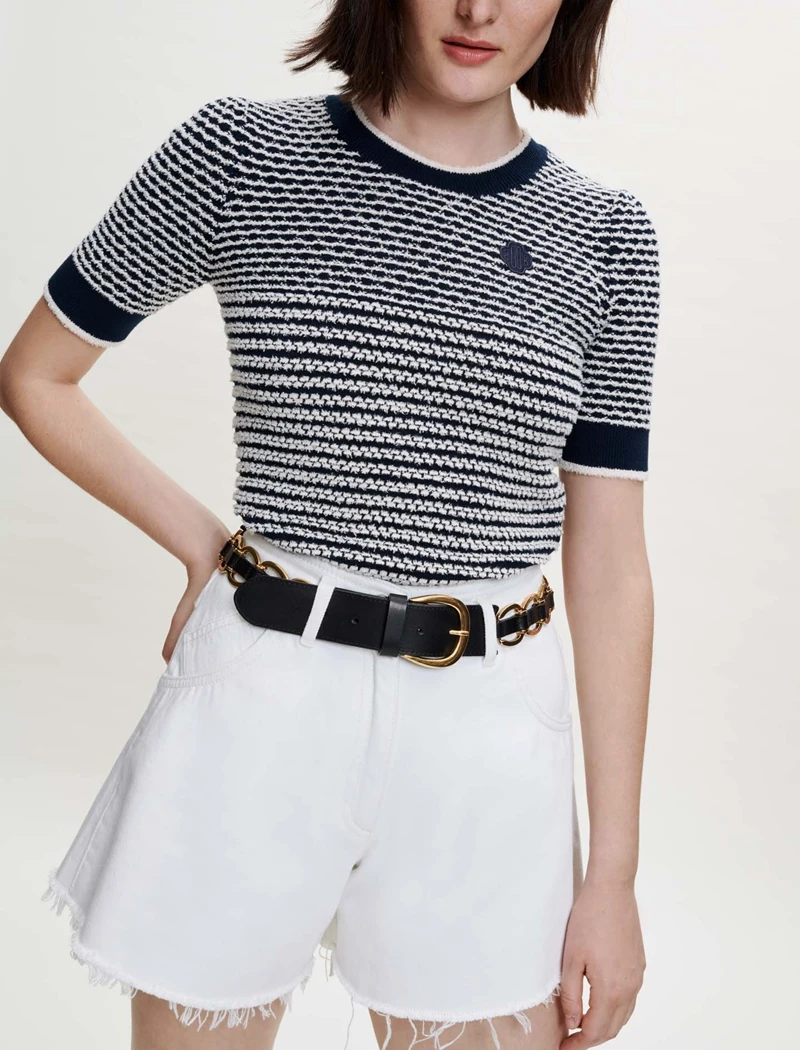 

Женский трикотажный джемпер в полоску, с коротким рукавом и круглым вырезом