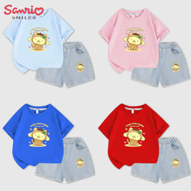 

Kawaii Sanrio Pompom Purins New Summer Kids Clothes Set Denim Short-Sleeved Shorts Set Cartoon Anime Summer Short Suit Two-Piece