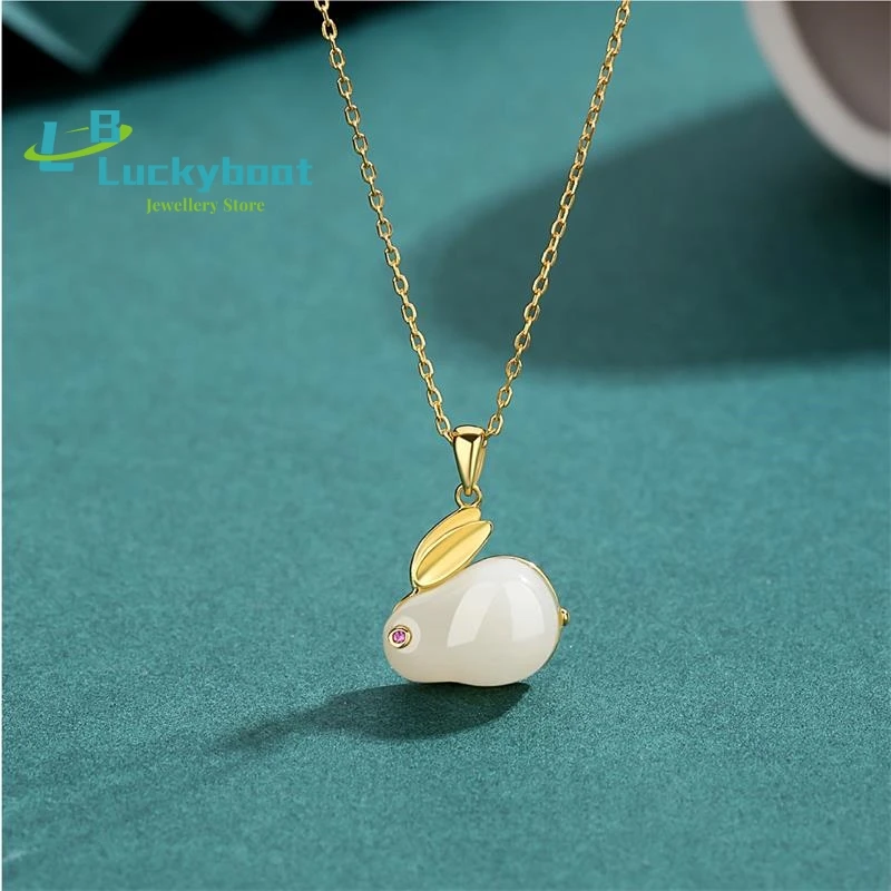 

MOVESKI New S925 Sterling Silver Natural Hetian Jade Rabbit Necklace for Women Light Iuxury High Jewellery