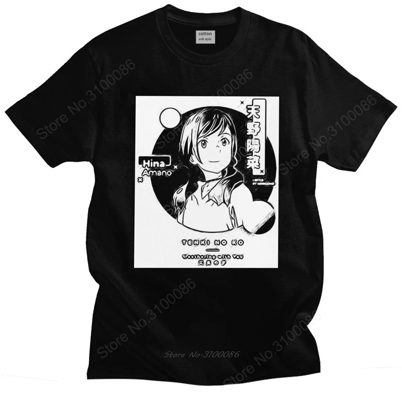 

Футболка мужская с коротким рукавом и круглым вырезом, Классическая тенниска из хлопка с принтом манга Tenki No Ko Hina, Подарочная майка, лето