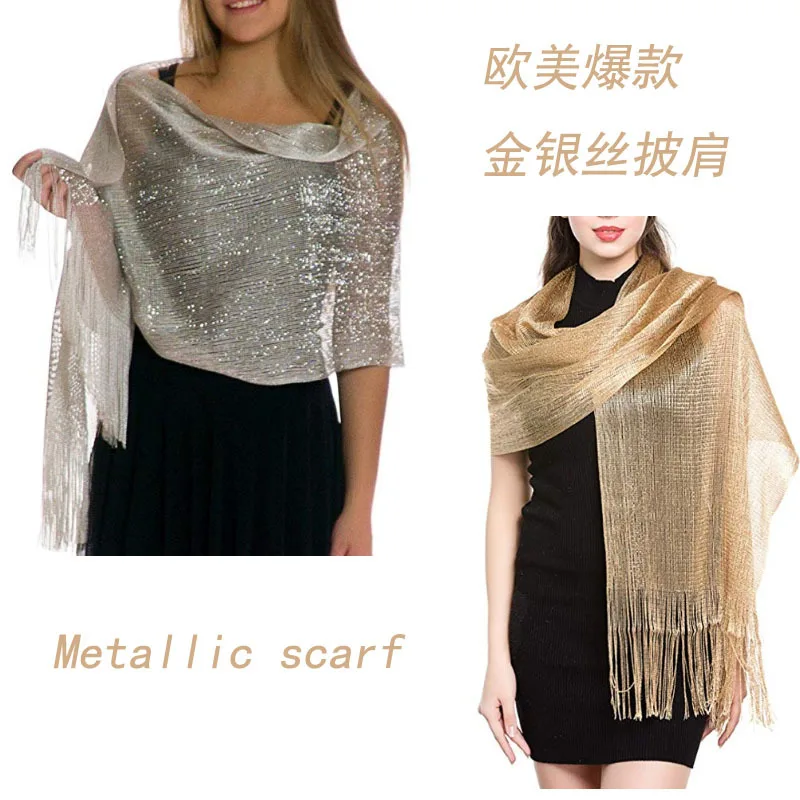 

Elegant Evening Dresses Shawls Female Golden Silvery Wire Tassels Bridal Bridesmaid Party Wedding Temperament Accessories Scarf