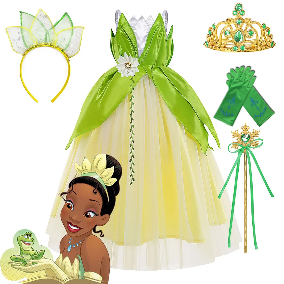 

Disney Fancy Princess Ball Gown for Girls Inspired From Princess and the Frog Kids Halloween Tiana Cosplay Costume Party Clothes
