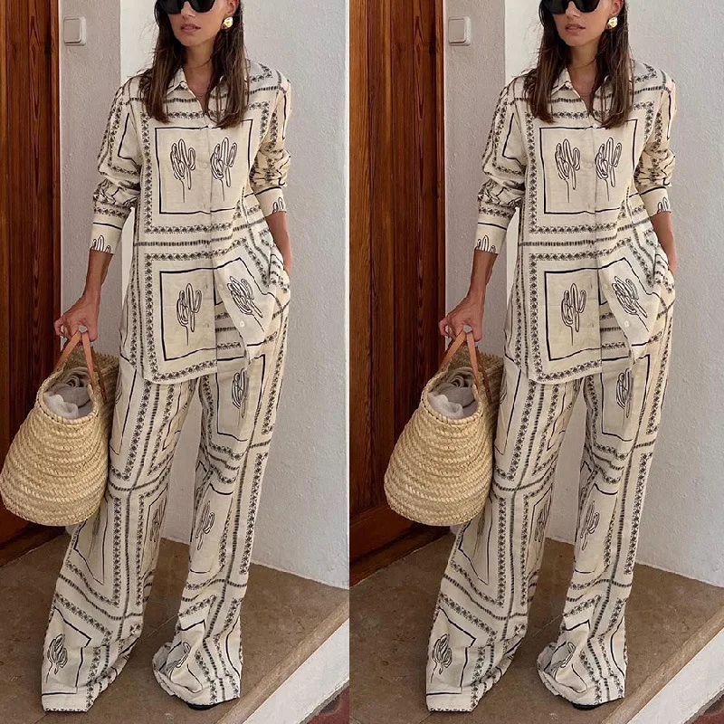 

2023 New Printed Long Sleeve Shirt + Trousers Two Sets of Home Wear Two Piece Sets Womens Outifits
