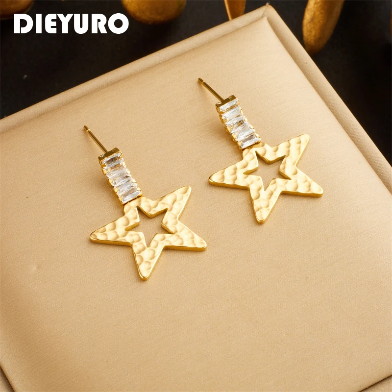 

DIEYURO 316L Stainless Steel Pentagram Star Drop Earrings For Women Girl Fashion Gold Color Waterproof Jewelry Lady Gift Party