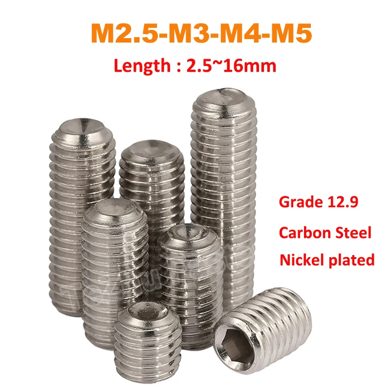 

20/30/50/100pcs M2.5 M3 M4 M5 Hex Socket Set Screws Grade 12.9 Carbon Steel Headless Allen Cup Point Grub Screw Bolts DIN916