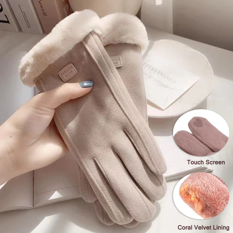 

Женские зимние Утепленные перчатки для сенсорного экрана, черные элегантные теплые меховые перчатки, варежки с закрытыми пальцами, винтажные ветрозащитные женские перчатки