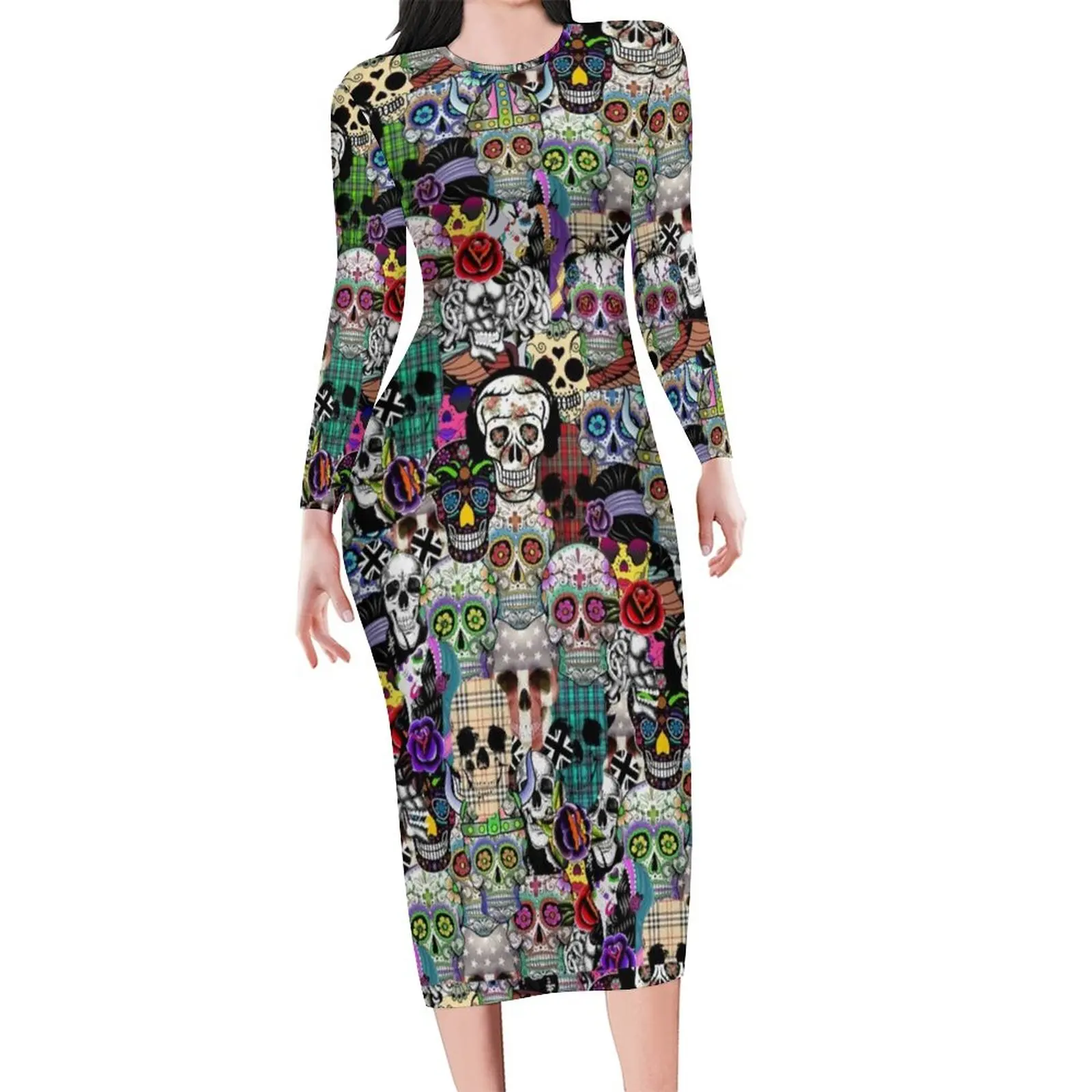 

Colorful Sugar Skull Dress Long Sleeve Abstract Plaid Skulls Design Pretty Dresses Autumn Womens Streetwear Design Bodycon Dress