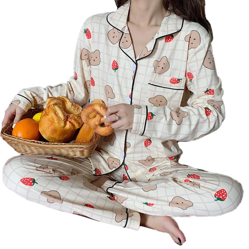 Костюм женский из 2 предметов пижама с принтом мишки клубники длинные брюки