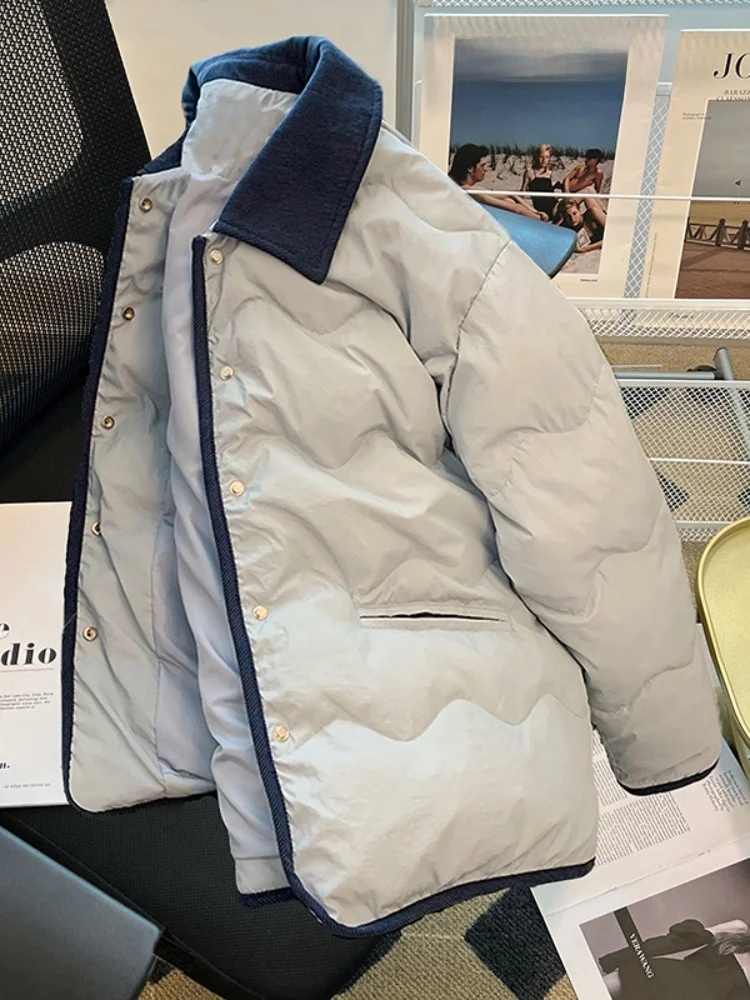 Синее лоскутное пальто с хлопковой подкладкой лацканами женское осенне-зимнее