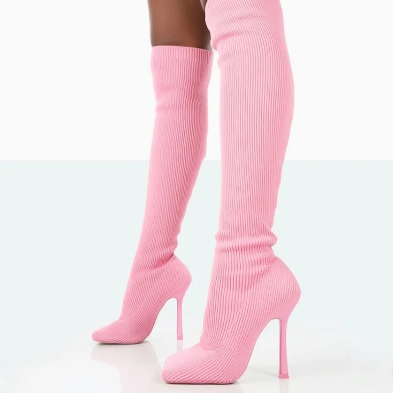 

2022 New Stiletto Square Toe Boots Knitted Elastic Socks Boots High Heel Stovepipe Sleeve Over The Knee Boots Large 35-43