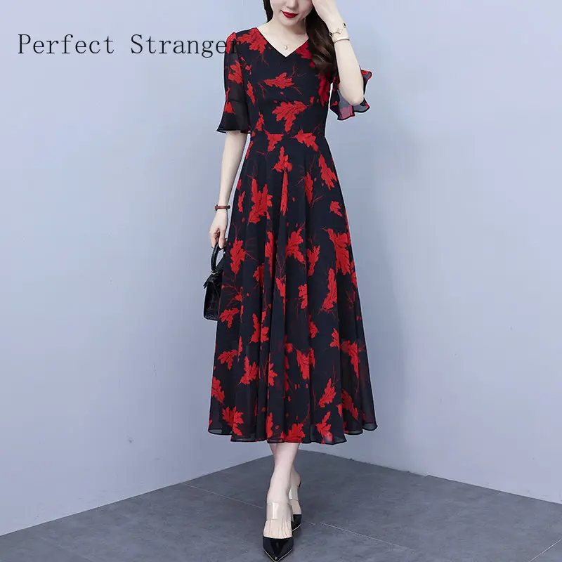 

Женское шифоновое платье макси, Элегантное Длинное платье с коротким рукавом, V-образным вырезом и цветочным принтом, лето 2023