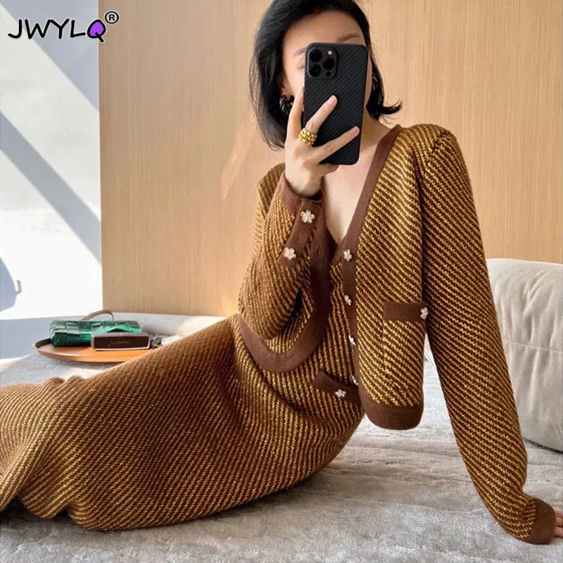 2 Piece Sets Women Outfits Fall Winter Long Sleeve Top Cardigan Knitted Short Sweater Tops+striped Strap Long Dress Suits Mujer