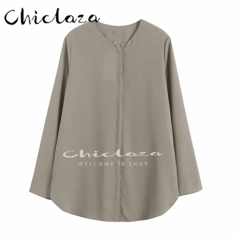

CHICLAZA 2022 Spring Autumn Women Fashion Long Sleeve O-Neck Shirt Tops Female Loose Solid Elegant Simple Casual Blouse