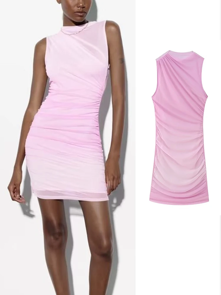 

Folds Tulle Dress Woman Pink Bodycon Short Dress Women Translucence Dresses for Women 2023 Summer Sleeveless Dress Female
